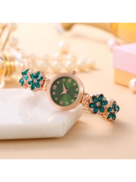 Women\'s Green Analog Quartz Bracelet Set Fashion Waterproof Flower Shaped Watch main image 4